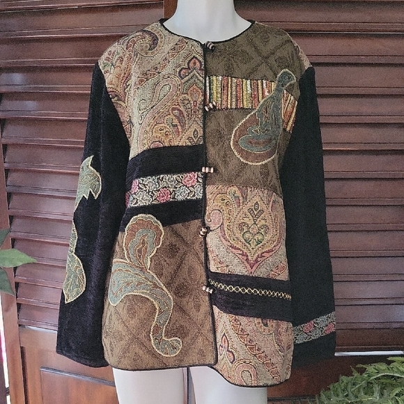 Alex Kim Patchwork Paisley Jacket Black and Tan Tapestry Coat Large - Picture 1 of 11